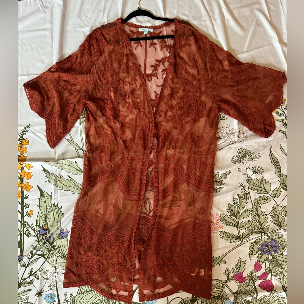 She & Sky burnt orange lace kimono or cover up in S/M